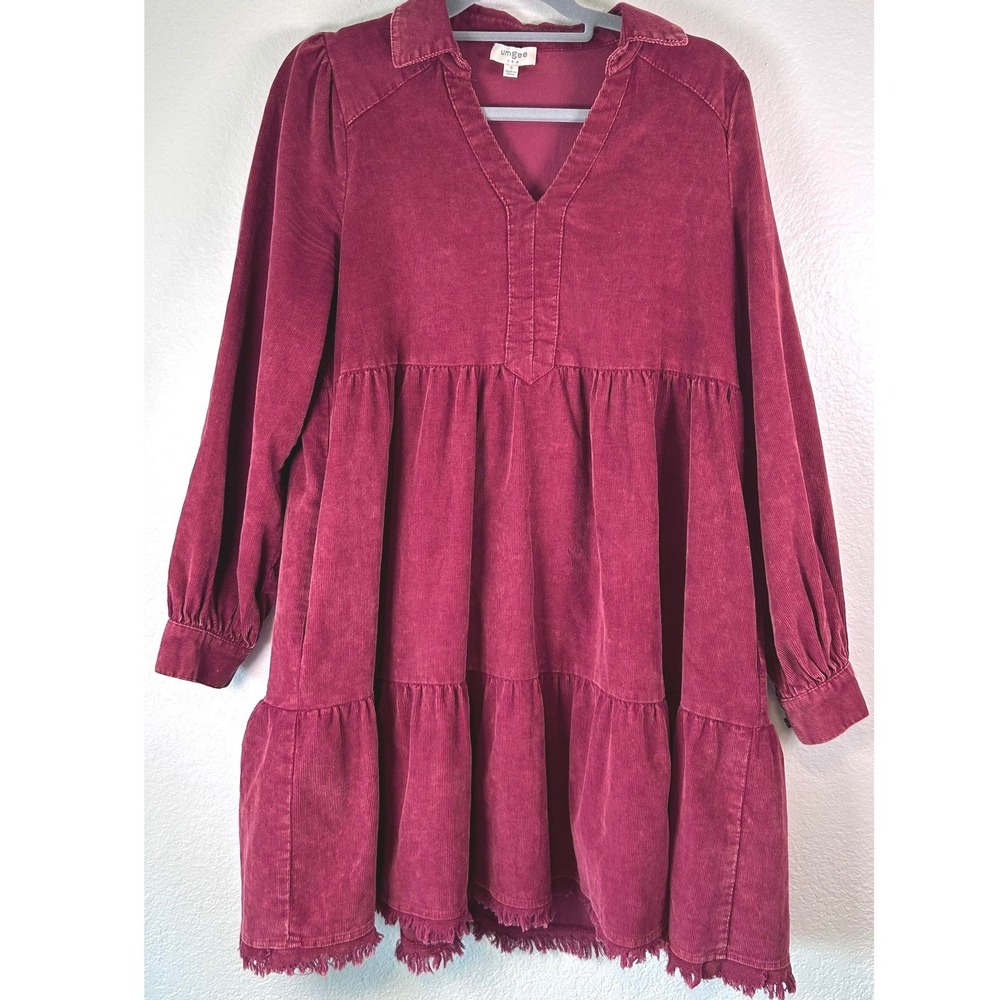 Umgee Cottagecore Western Burgundy Corduroy Babydoll Mini Dress Frayed Hem S